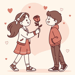 Valentine day girl and boy have a rose in hand