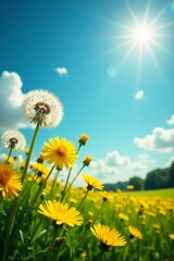 Fototapeta premium A vibrant field of yellow flowers and dandelions under a clear blue sky with sunlight.