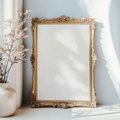Frame mockup photo, ornate vintage frame, natural light