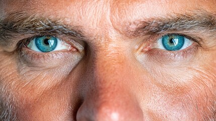 Fototapeta premium Close-up of intense blue eyes, man's face, serious expression, portrait use
