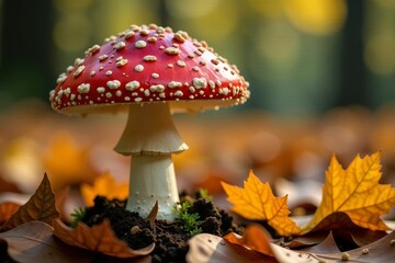 A vibrant red mushroom surrounded by autumn leaves in a serene forest setting.