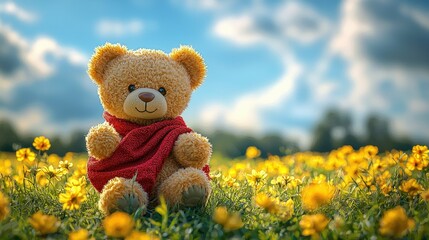 Fototapeta premium Teddy Bear Sitting In A Field Of Yellow Flowers