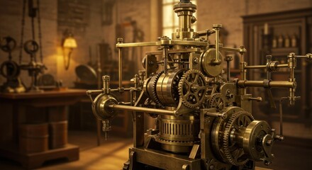 Fototapeta premium Antique Brass Gear Mechanism: A Steampunk Masterpiece in a Rustic Workshop