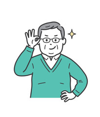 眼鏡を上げてニヤリと笑い自信を見せる太った高齢男性