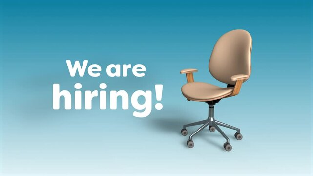 Office chair rolls in and stops, with 'We are hiring!' text. 3D render. Recruitment concept.