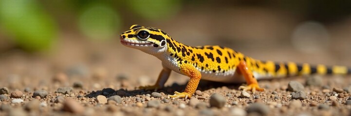 Obraz premium A vibrant gecko with striking yellow and black patterns on a sandy surface.