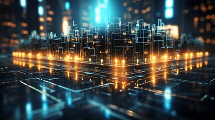 Fototapeta premium Futuristic cityscape on digital network.