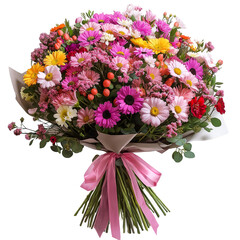 A large bouquet of flowers tied with a ribbon, cut out. Isolated on transparent or white background