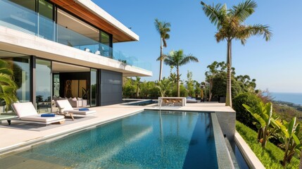 Fototapeta premium Modern House Exterior with swimming pool and sea view, AI generated image