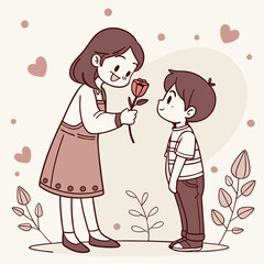 Valentine day girl and boy have a rose in hand