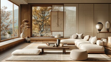 Living room interior designed in Japandi style, AI generated image