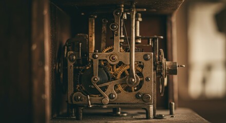 Fototapeta premium Antique Clockwork Mechanism: Intricate Gears in Rustic Setting