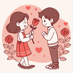 Valentine day girl and boy have a rose in hand