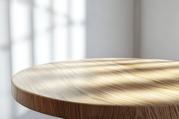 Light wood round table top, sunlit. Perfect for product display or mockups, clean, minimalist aesthetic.
