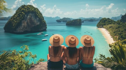 Three women in sun hats enjoy a tropical beach view. Perfect for travel, vacation, and friendship themes.