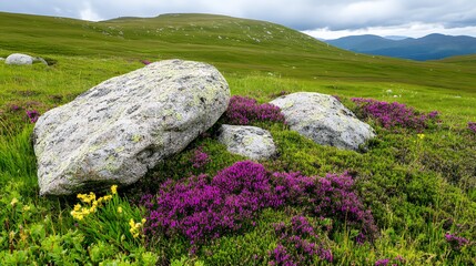 Lichen-Covered Rocks and Vibrant Wildflowers in a Picturesque Mountain Meadow