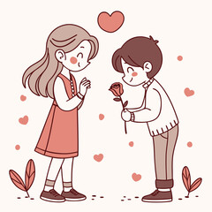 Valentine day girl and boy have a rose in hand