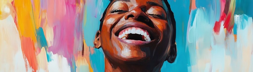 A Colorful Portrait of a Woman Laughing with Teeth Showing