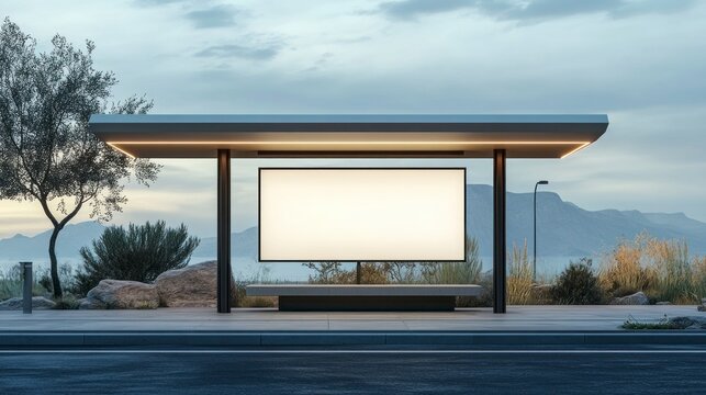 Futuristic Eco-Friendly Bus Stop with Solar Power and Modern Design Surrounded by Nature and Scenic Mountains
