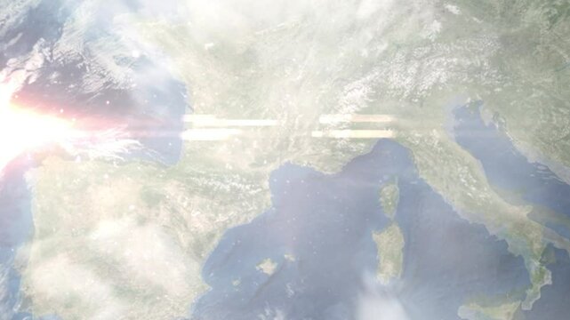 Earth zoom in from space and focus on Montpellier, France. Background for travel blog or intro. Satellite view. 3D style animation. Images from NASA.