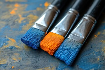 Fototapeta premium Three paintbrushes with blue and orange bristles rest on a textured canvas. Ideal for projects related to art, painting, creativity, and design.