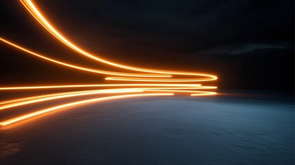 Rapid orange neon light trails in smooth arcs, evoking the energy of futuristic innovation, illuminated by a deep shadowy backdrop.