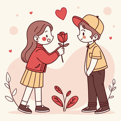 Valentine day girl and boy have a rose in hand
