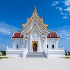 Fototapeta premium Majestic White Temple with Ornate Details under a Bright Blue Sky, showcasing traditional Southeast Asian religious architecture.