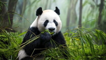 Obraz premium Giant Panda Eating Bamboo in a Misty Bamboo Forest