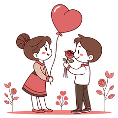 Valentine day girl and boy have a rose in hand