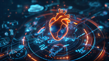 Glowing digital heart hologram surrounded by futuristic data and technology visuals