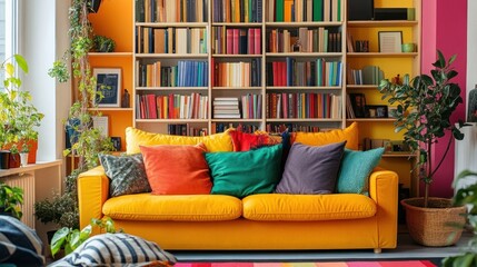 Vibrant Living Room with Yellow Sofa and Colorful Pillows, Bookshelves filled with books, plants, and a bright interior design.