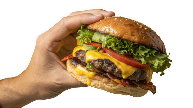 A hand holds a delicious, juicy cheeseburger stacked with crispy bacon, fresh lettuce, and ripe tomato.