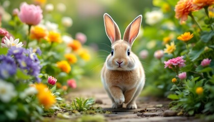 Cute Bunny Surrounded by Colorful Blossoms in a Spring Garden
