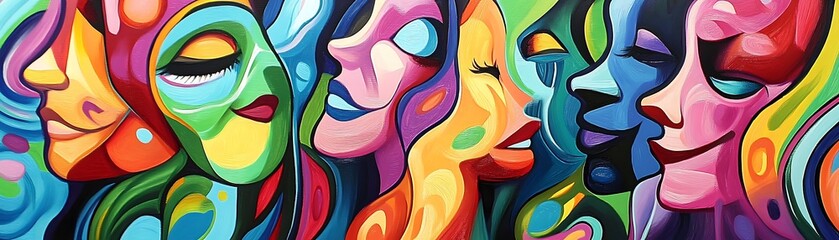 Abstract Art of Intertwined Faces in Vivid Colors
