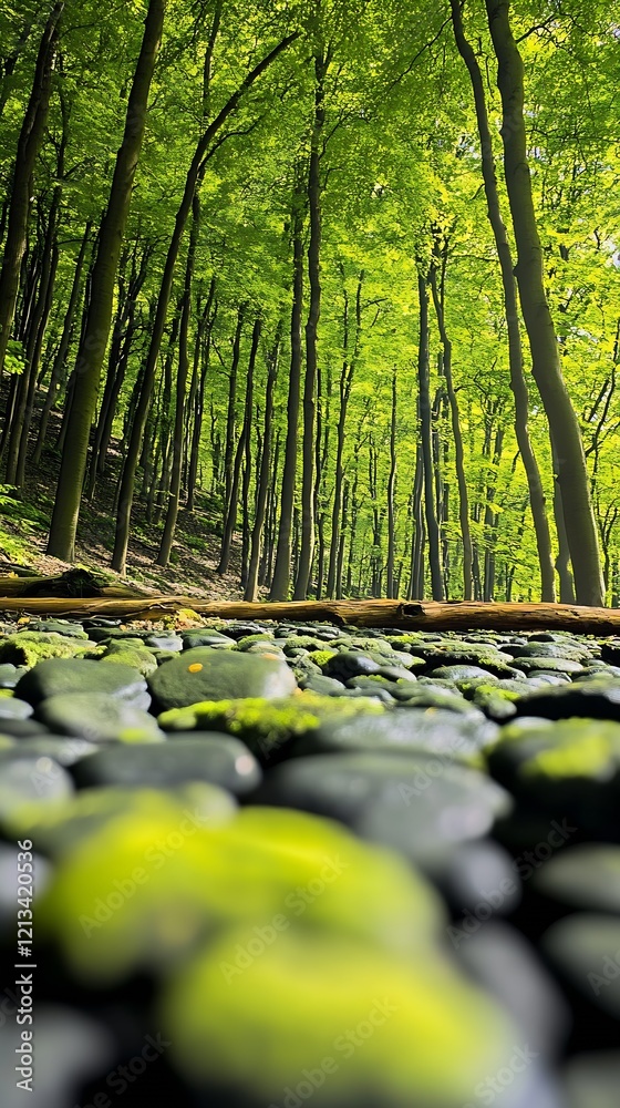 Poster tranquil forest floor with smooth stones and tall green trees : generative ai