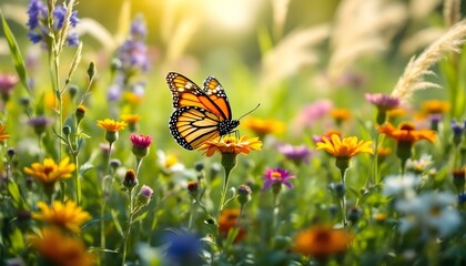 Naklejka premium Monarch Butterfly Perched on Vibrant Wildflowers in Sunlit Meadow