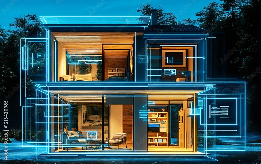 Poster Modern smart home interior with illuminated technology interface : Generative AI