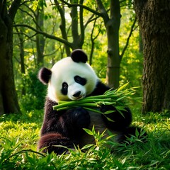 Obraz premium A giant panda holding and eating bamboo in the middle of a green forest