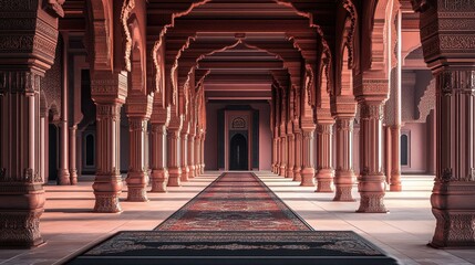 Obraz premium Ornate Columns Line A Grand Hallway Leading To A Door