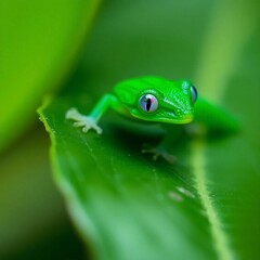A small green gecko with colorful eyes sits on a green leaf.