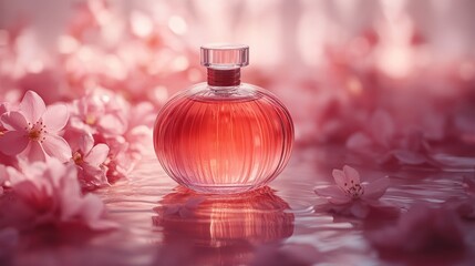 Perfume bottle surrounded by pink blossoms in soft light