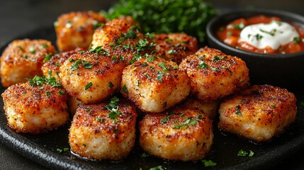 Crispy Potato Bites, Spicy Dip, Garnish, Dark Background, Food Photography