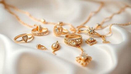 Fototapeta premium Golden Jewelry on Silk with Pearl Background - Wedding Accessories