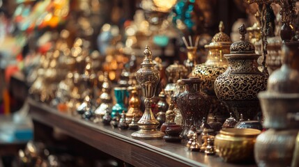 Antique market with intricate metalware on display