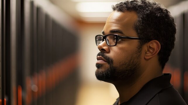 Male IT Technician Adjusting Cables in Dim Server Room