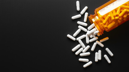 Crisp close up of white capsules spilling from orange bottle on dark background, creating striking visual contrast. scene evokes sense of curiosity and intrigue