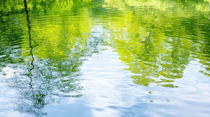 Springtime tree reflection in calm water; nature background for websites