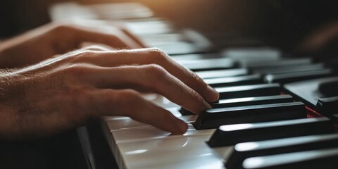 Obraz premium Hands playing piano keys, indoor setting, music practice.