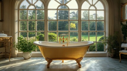Luxurious Bathroom with Garden View: Golden Freestanding Tub